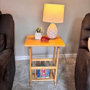 Vintage Wood Side Table with Magazine Rack Honey Oak End Table Accent Stand